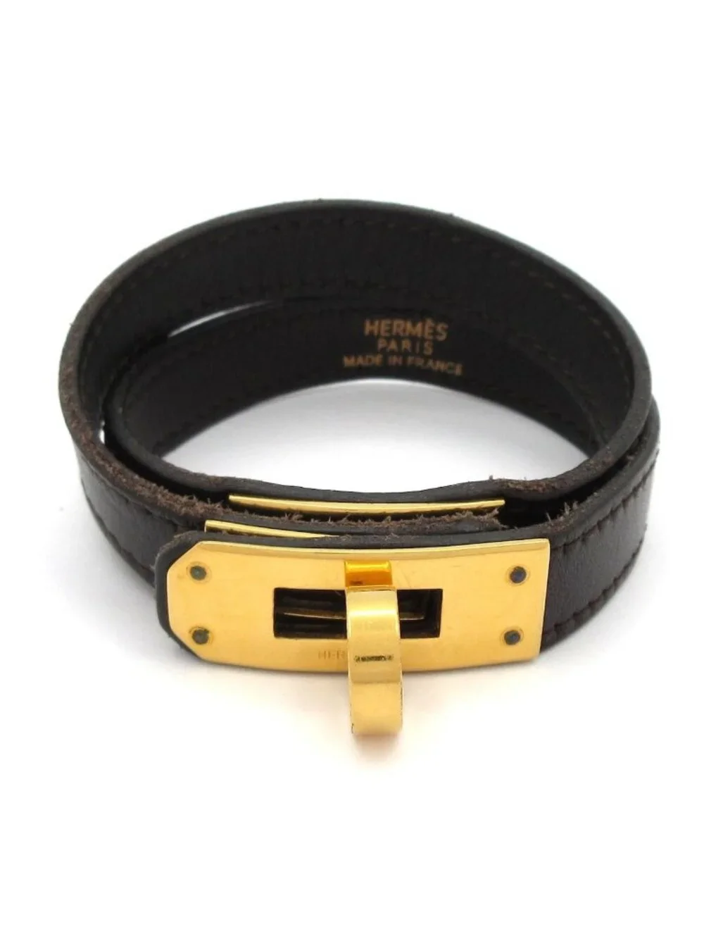 Hermes Bracelet Mini Kelly Double Tour Leather Dark Brown Gold